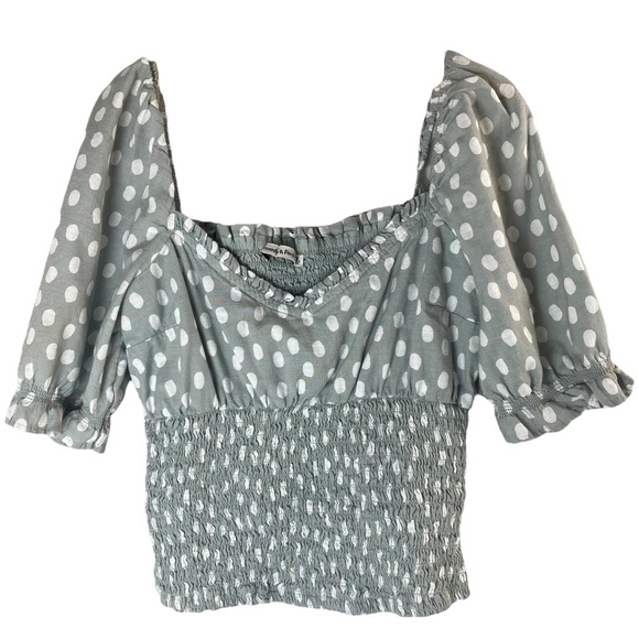 ABERCROMBIE & FITCH Shirt Top Polka Dot Smocked Waist in mint and white Size S - Picture 2 of 7